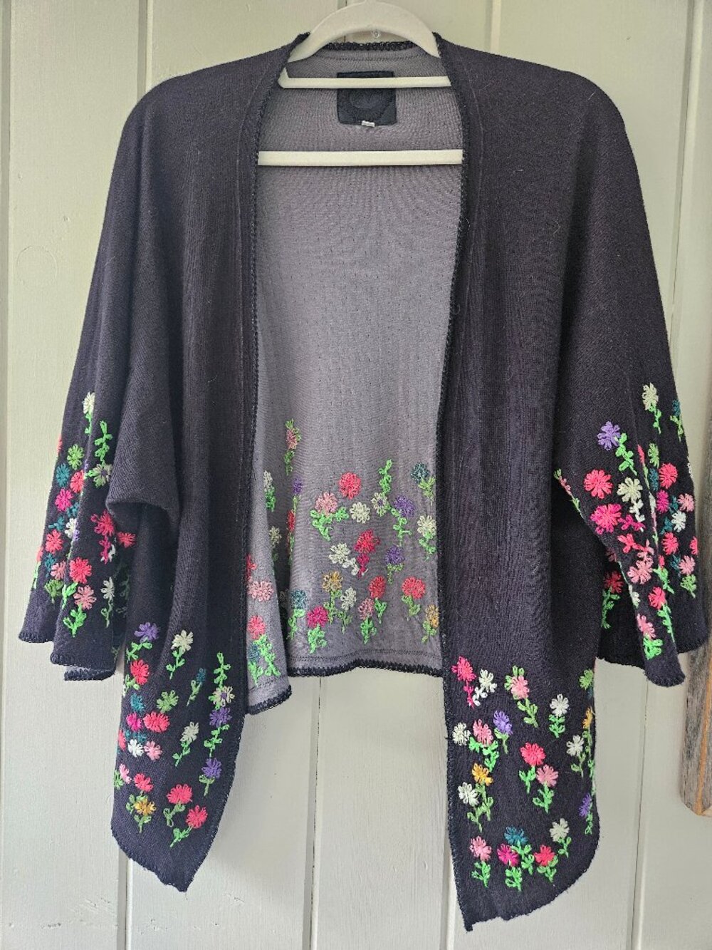 BIYA Johnny Was Black Embroidered Floral Open Cardigan S